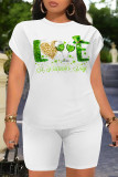 Multicolor Casual Letter Print Cartoon Four Leaf Clover O Neck Short Sleeve Two Pieces