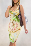 Multicolor Sexy Geometric Print Flowers Contrast U Neck Printed Dresses