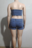 Blue Sexy Solid Color Pocket Zipper Strapless Sleeveless Two Pieces