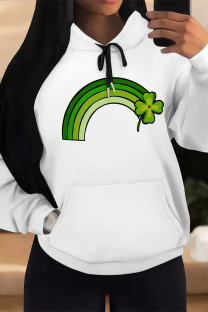 Light Green Casual Graffiti Print Letters Draw String Pocket Hooded Tops