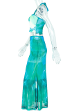 Green Elegant Print Backless Strap Design Halter Sleeveless Two Pieces