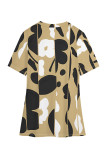Khaki Casual Geometric Print Contrast V Neck T-Shirts
