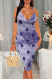 Purple Sexy Polka Dot Flowers Print Contrast V Neck Printed Dresses