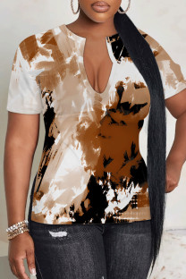 Brown Casual Geometric Print Contrast V Neck T-Shirts
