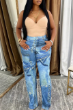 Blue Casual Print Patchwork Regular Mid Waist Full Print Bottoms