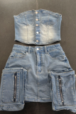 Sky Blue Sexy Solid Color Pocket Buckle Zipper Strapless Sleeveless Two Pieces