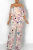 Light Pink Sexy Floral Print Pocket Flounce Off Shoulder Loose Jumpsuits