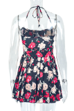 Black Rose Red Sexy Print Backless Halter A Line Dresses