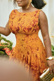Orange Yellow Elegant Print Zipper O Neck Long Dresses