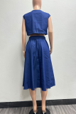Blue Casual Solid Color Patchwork O Neck Short Sleeve Two Pieces