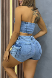 Blue Sexy Solid Color Pocket Zipper Strapless Sleeveless Two Pieces