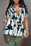 Khaki Casual Geometric Print Contrast V Neck T-Shirts