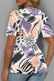 Khaki Casual Geometric Print Contrast V Neck T-Shirts