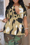 Khaki Casual Geometric Print Contrast V Neck T-Shirts
