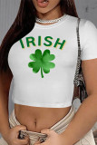 Multicolor Casual Print Four Leaf Clover Shamrock Contrast O Neck T-Shirts