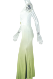 Green Elegant Gradient Color Ruched Deep V Neck Long Dresses