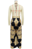 Brown Sexy Print Backless Strap Design Halter Loose Jumpsuits