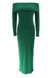 Green Elegant Solid Color Off Shoulder Long Dresses