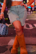 Light Blue Casual Solid Color Patchwork Mid Waist Straight Denim Shorts