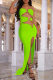 Fluorescent Green Sexy Solid Color Hollow Out Metal Accessories Trim High Slit Strapless Long Dresses