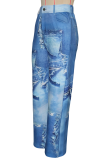 Blue Casual Print Patchwork Regular Mid Waist Full Print Bottoms