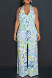 White Casual Geometric Print Pocket Lace Up Backless Halter Loose Jumpsuits