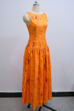 Orange Yellow Elegant Print Zipper O Neck Long Dresses