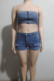 Blue Sexy Solid Color Pocket Zipper Strapless Sleeveless Two Pieces