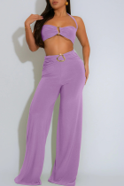 Purple Sexy Solid Color Metal Accessories Trim Backless Halter Sleeveless Two Pieces