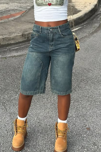 Blue Casual Solid Color Pocket Mid Waist Straight Denim Jeans