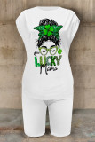 Multicolor Casual Letter Print Cartoon Four Leaf Clover O Neck Short Sleeve Two Pieces