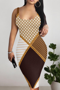 Deep Coffee Sexy Geometric Print Flowers Contrast U Neck Printed Dresses