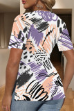 Khaki Casual Geometric Print Contrast V Neck T-Shirts