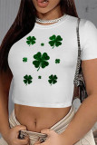 Multicolor Casual Print Four Leaf Clover Shamrock Contrast O Neck T-Shirts