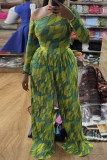 Green Casual Print Pleated Oblique Collar Long Sleeve Two Pieces