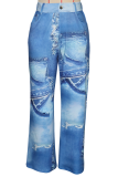 Blue Casual Print Patchwork Regular Mid Waist Full Print Bottoms