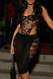 Black Sexy Solid Color Lace Skinny Mid Waist Conventional Patchwork Bottoms
