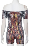 Coffee Sexy Print Patchwork Off Shoulder Skinny Rompers