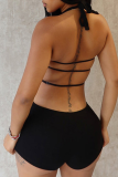 Black Sexy Solid Color Backless Strap Design Halter Skinny Jumpsuits