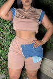 Rose Red Casual Daily Patchwork Basic O Neck Short Sleeve Two Pieces