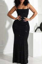 Black Sexy Solid Color Hot Drill Spaghetti Strap Long Dresses