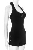 Black Sexy Solid Color Backless Strap Design Halter Skinny Jumpsuits