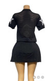 Blue Sportswear Letters See-Through Contrast O Neck Short Sleeve Two Pieces