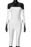 White Sexy Solid Color Feathers Off Shoulder Skinny Jumpsuits