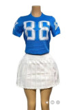 Blue Sportswear Letters See-Through Contrast O Neck Short Sleeve Two Pieces