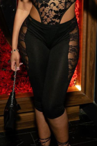 Black Sexy Solid Color Lace Skinny Mid Waist Conventional Patchwork Bottoms
