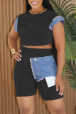 Rose Red Casual Daily Patchwork Basic O Neck Short Sleeve Two Pieces