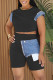 Black Casual Daily Patchwork Basic O Neck Short Sleeve Two Pieces