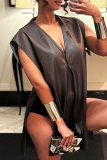 Dark Brown Sexy Solid Color Slit V Neck T-Shirts