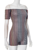 Coffee Sexy Print Patchwork Off Shoulder Skinny Rompers